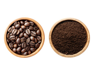 Fototapeta premium Coffee beans ground coffee wooden bowls isolated on a transparent background