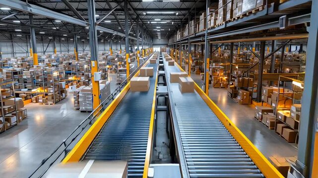 Boxes move along a conveyor belt in a large, automated warehouse. The industrial facility is filled with shelves of inventory, representing supply chain.