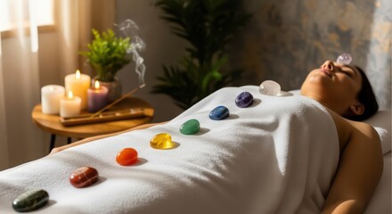 Chakra Healing Session: Woman with Crystals, Candles, and Incense for Holistic Wellness