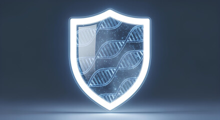 Genetic DNA Protection Shield, Biotechnology Gene Security, DNA Data Security, Genetic Privacy, Futuristic Glowing Helix Shield for science and medical technology concept.