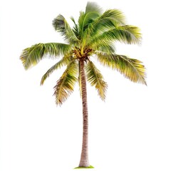 Isolated coconut palm tree against a white background. Lush green fronds extend outwards from a tall, light brown trunk