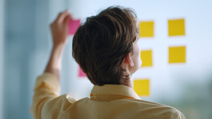 Man arranging colorful sticky notes on glass wall in office, focused on planning and organizing ideas with bright yellow and pink notes