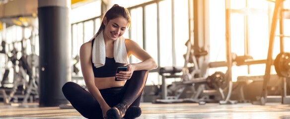 The woman resting on gym floor checking smartphone after an intense workout session