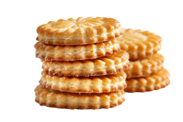 A stack of cookies with a white background. The cookies are golden brown and have a circular shape