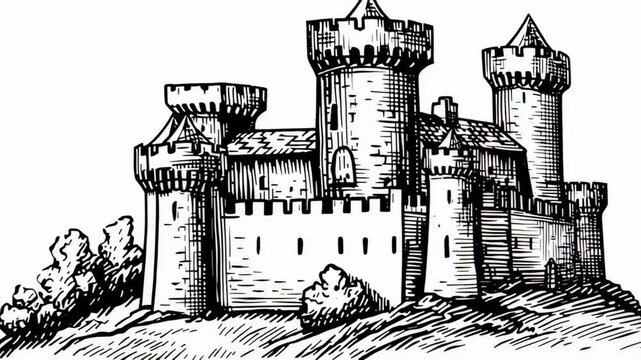 A black-and-white sketch of a medieval castle with a moat and towers sits on a hill, representing history, architecture, and fantasy fortress.