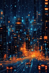 Obraz premium Futuristic city skyline with glowing digital technology representing a smart, interconnected urban landscape at night