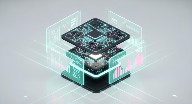 Futuristic AI Processor Chip with Glowing Holographic Data Visualization, 3D CPU Microchip, Quantum Computing Core Technology, AI Processor, Data Processing Futuristic Chip.