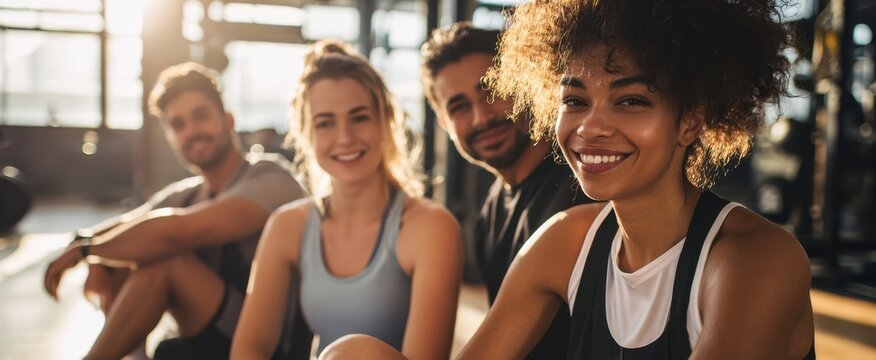 The Group of Smiling Young Adults Relaxing After Workout in Sunlit Modern Gym