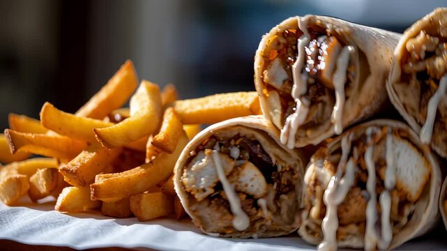 A pile of burritos or wraps with a creamy white sauce sits next to a large serving of french fries. The appetizing meal is a great visual for a restaurant or fast food menu.