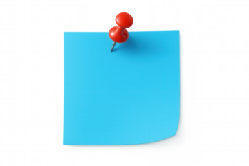 Blank blue sticky note is held by red push pin on transparent background, creating space for custom message or reminder