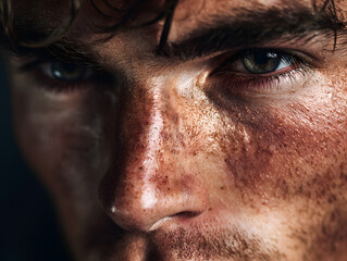 Fototapeta premium A closeup of a mans face covered in sweat, showing determination