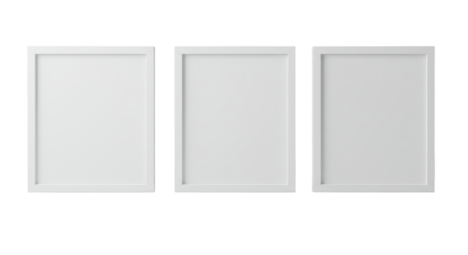 Three identical, sleek, minimalist white rectangular display frames with silver trim, isolated on a luminous light grey gradient studio background, concept of modern technology