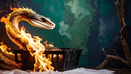 A snake engulfed in flames, rising from a dark basket, set against a backdrop of vibrant teal and green hues.