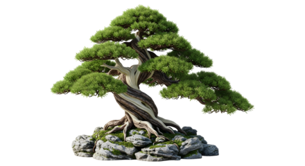 Ancient Twisted Pine Bonsai Tree with Mossy Rocks on White Background