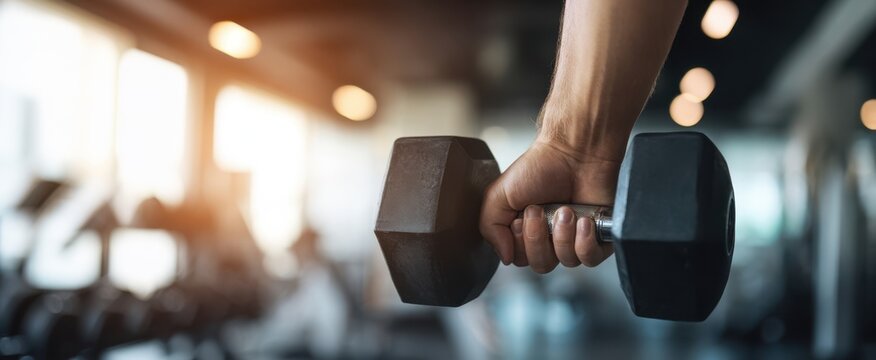 The dumbbell held in a strong hand during focused gym strength training session