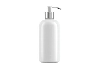 A white bottle with a silver cap sits on a white background. The bottle is empty and has a silver cap