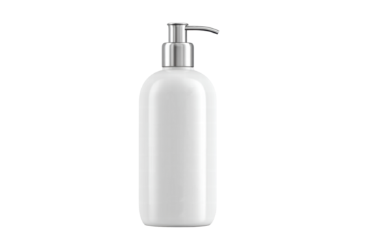 A white bottle with a silver cap sits on a white background. The bottle is empty and has a silver cap