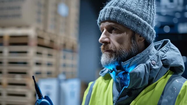 A serious, cold man with a beard and a beanie talks on a walkie-talkie, wearing a high-visibility vest in a refrigerated warehouse, representing logistics and freight management.