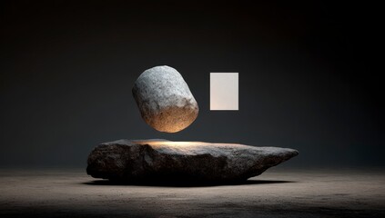 Light gray stone sphere levitating above a dark stone platform, with a light gray rectangle in the background