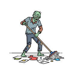 Obraz premium Zombie doing janitor work with mop, floor messy. flat icon ilustrations