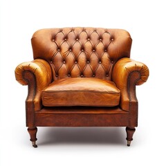 Full view of a tan leather wingback armchair