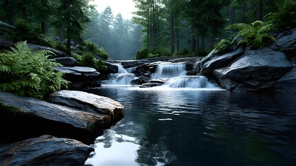 Obraz premium Peaceful Waterfall Flowing Through Rocky Landscape Surrounded by Lush Forest and Gentle Sunlight