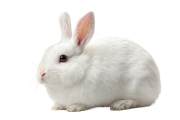 Obraz premium A white rabbit is sitting on a white background. The rabbit is looking at the camera with its eyes wide open