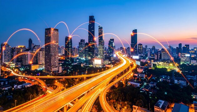 Night cityscape with illuminated highway and network connections