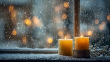 Winter window, candles, snow