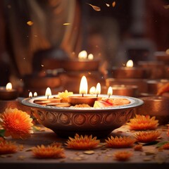 Traditional Indian diya lamps lit floating flowers warm light