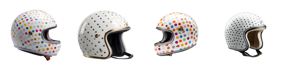Fototapeta premium Four Retro Motorcycle Helmets with Colorful Dots on White