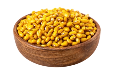 A bowl of yellow beans is sitting on a white background. The beans are scattered throughout the bowl, with some closer to the top and others towards the bottom. The bowl is wooden