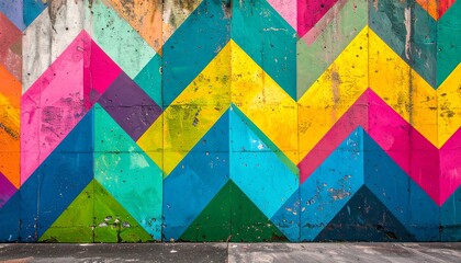 A vibrant wall art piece featuring a geometric design in a mix of bold, colorful triangles, showcasing a cheerful and playful aesthetic against a textured concrete background.