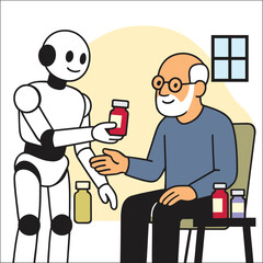 Friendly robot assists elderly man by providing medication bottles with care and technology