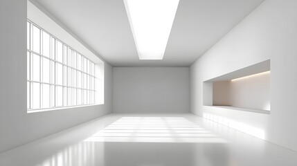 Fototapeta premium Minimalist Interior Space with Bright White Light and Geometric Patterns from Windows