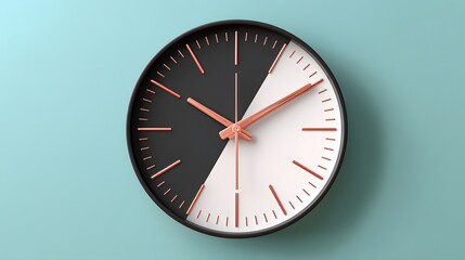 Modern Geometric Wall Clock Design Featuring Contrasting Black and White Colors with Rose Gold Accents