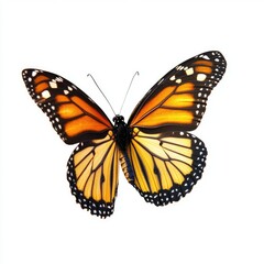 Monarch butterfly, orange and yellow wings, black markings, isolated on white