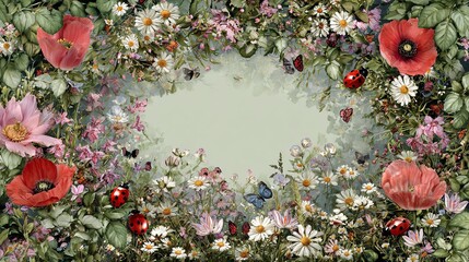 Baby milestone photography - Vibrant Floral Border with Butterflies and Ladybugs on Pastel Background perfect for baby posters, invitations, or nursery decor