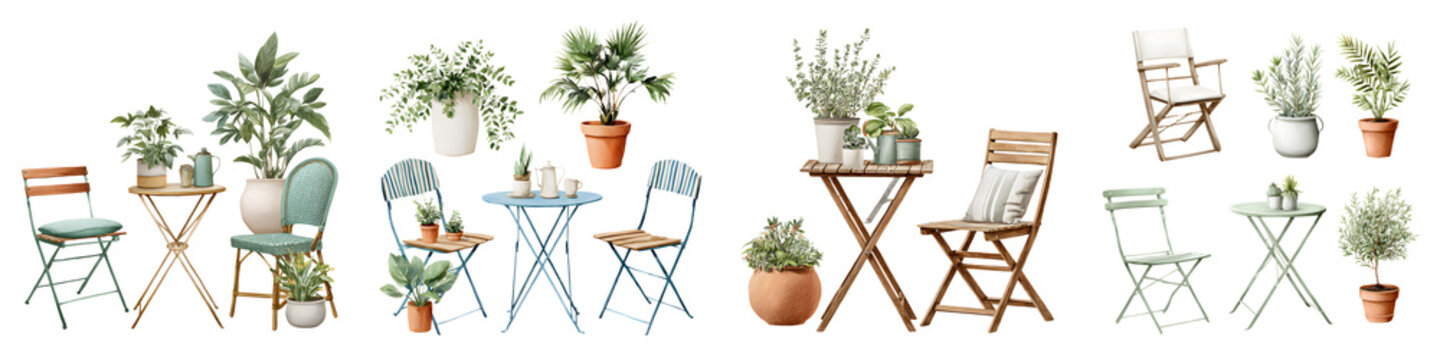 Outdoor Cafe Furniture and Plants Set: Watercolor Illustration