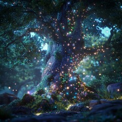 Magical enchanted tree with colorful glowing fireflies at dusk