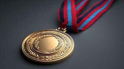 Close-Up of a Gold Medal Award with Red and Blue Ribbon against a Dark Background