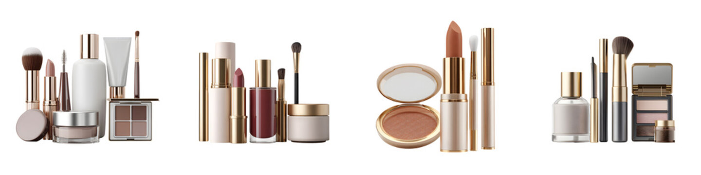 Elegant Makeup Products Assortment, Neutral Tones, Isolated on White. Beauty and Cosmetics Collection