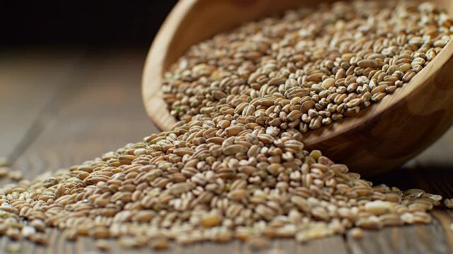 Spelt Grains Overflowing from Wooden Bowl on Rustic Table in Warm Natural Light