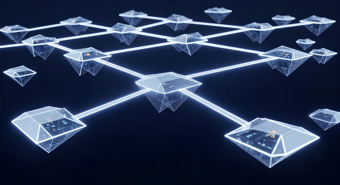 Futuristic blockchain network technology with glowing crystal nodes, Abstract data connection grid, Futuristic blockchain network concept showing digital data flow and technology connection.