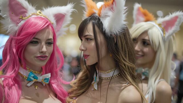 Women in colorful cosplay costume pose at a convention. The girls represent their favorite character within the fandom, surrounded by a crowd at this exciting event for people.