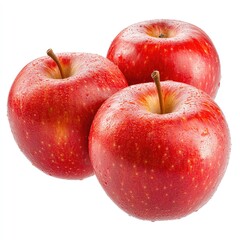 Three vibrant red apples, glistening with water droplets, arranged in a casual group
