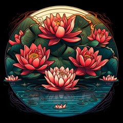 Ornate illustration of pink lotus flowers on a pond surface
