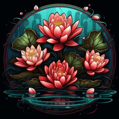 Detailed illustration of lotus flowers on water in a circular frame