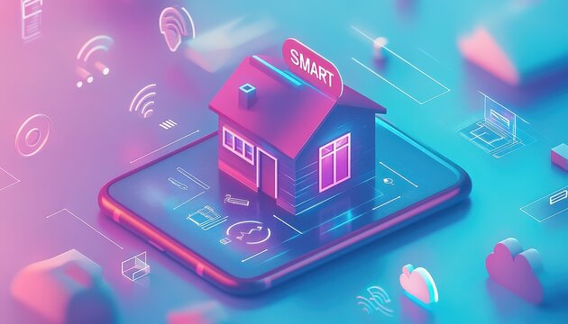 Smart home technology concept with house model on smartphone featuring glowing digital symbols and icons