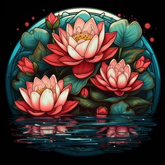 Elegant illustration of blooming lotuses and buds with rippling reflections
